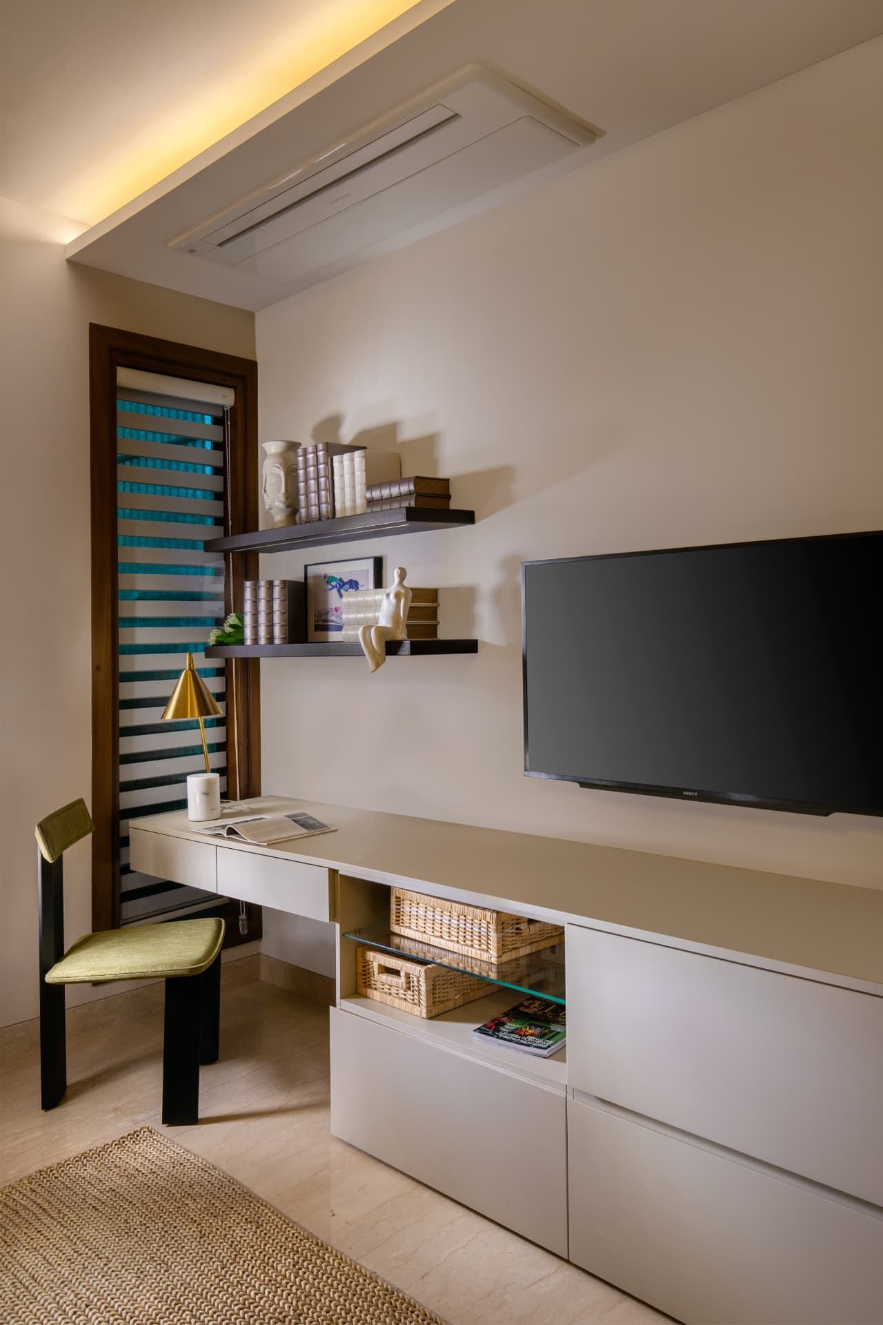 Minimal study desk and media unit interior